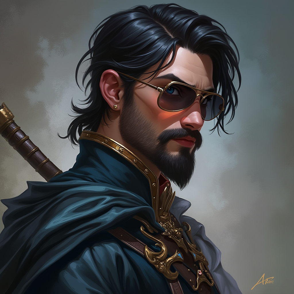 Dungeons and dragons character concept portrait. Male Bard, Human race, Normal human anatomy and human face, non-fantasy features. Humans have strong jawline and rounded face features, with rounded eyes gambler pirate, young, sapphire eyes, raven black hair, well kept short beard, with sunglasses, with a scar over left eye, , intricate, elegant, highly detailed, digital painting, artstation, concept art, smooth, sharp focus, illustration, art by stable diffusion ai's favorite artists