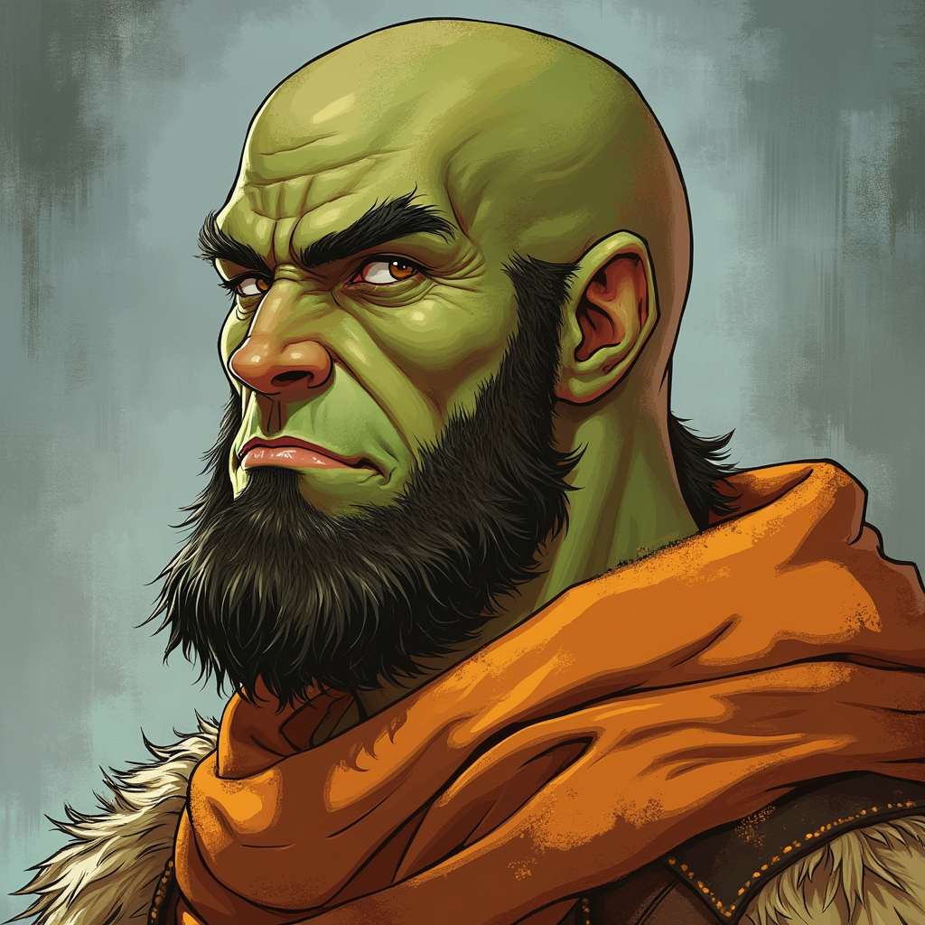 Dungeons and dragons character concept portrait. Male Barbarian, Human race, Normal human anatomy and human face, non-fantasy features. Humans have strong jawline and rounded face features, with rounded eyes tall masculine half orc no beard, bald, orange clothes, brown eyes, with green skin, no beard, no facial hair except for eyebrows. Round ears, calm demeaner, smile, , dnd anime character portrait, dnd anime character, highly detailed, high quality anime character