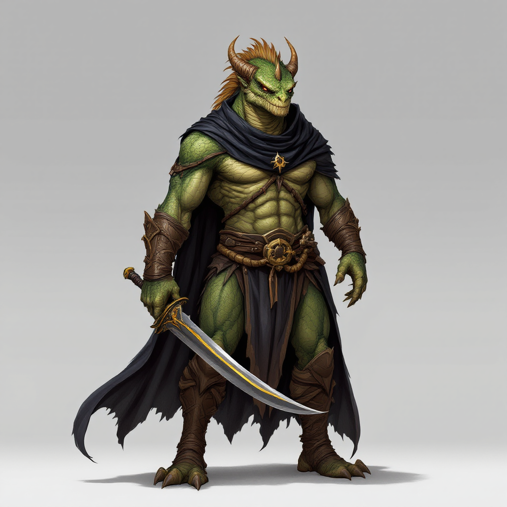 Dungeons and dragons character concept portrait. Male Fighter, Dragonborn race, The dragonborn is a tall and muscular humanoid, covered in fine, leather scales with larger scales on their forearms, legs, shoulders, and thighs. They have clawed hands and feet with three fingers and a thumb. Their face has a blunt snout, strong brow, and frills near the cheeks and ears. A crest of horn-like scales runs down the back of their head, resembling thick, ropy hair. Their eyes are red or gold He has the appearance of a green chameleon Lizard-folk. He wears the Cloak of Arachnida: A fine garment made of black silk interwoven with faint silvery threads, and under the cloak he wears common clothes . He is wielding A Sun Blade: a sword with a silver hilt and a blade of pure golden-white radiance that is thin as a wire. He has green eyes and a 1 single horn centered on his forehead., with green skin, , tech dnd character portrait, dnd tech character, highly detailed, high quality tech character, with technology elements, sci-fi dnd character