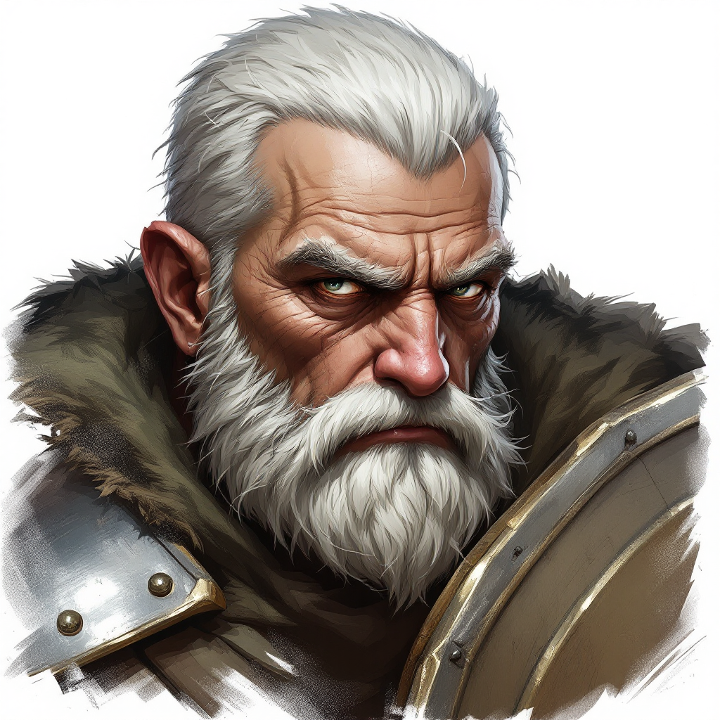 Dungeons and dragons character concept portrait. Male Fighter, Human race, Normal human anatomy and human face, non-fantasy features. Humans have strong jawline and rounded face features, with rounded eyes a Old man, battered armor, short gray beard with, sharp gray eyes, tired eyes, with a shield on his arm, , intricate, elegant, highly detailed, digital painting, artstation, concept art, smooth, sharp focus, illustration, art by stable diffusion ai's favorite artists