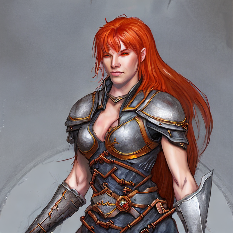 Dungeons and dragons character concept portrait. Female Fighter, Human race,  With flaming red hair, orange eyes, a halo over the head, smooth skin, chain mail armor, , intricate, elegant, highly detailed, digital painting, artstation, concept art, smooth, sharp focus, illustration, art by stable diffusion ai's favorite artists