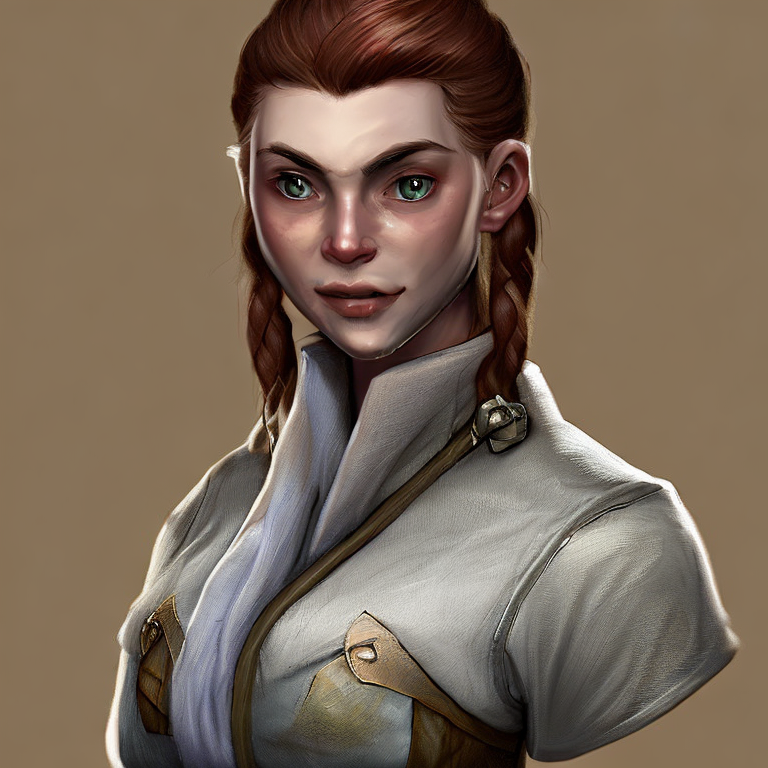 Dungeons and dragons character concept portrait. Female Human race, Good tendencies, Farmer profession, work clothes, farmer clothes, beige clothes, Professional social class,   front-facing portrait, medium shot, intricate, elegant, highly detailed, digital painting, artstation, concept art, smooth, sharp focus, illustration, art by stable diffusion ai's favorite artists