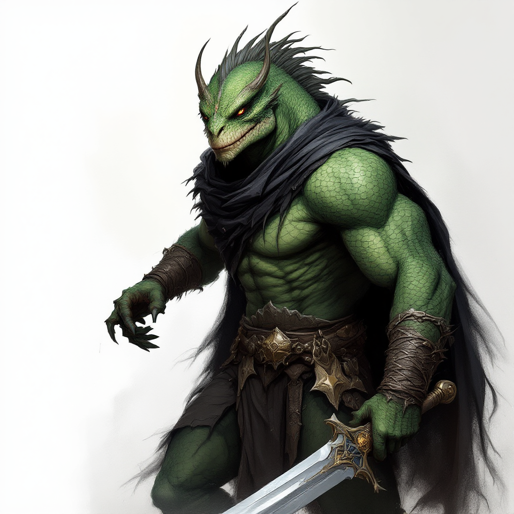 Dungeons and dragons character concept portrait. Male Fighter, Dragonborn race, The dragonborn is a tall and muscular humanoid, covered in fine, leather scales with larger scales on their forearms, legs, shoulders, and thighs. They have clawed hands and feet with three fingers and a thumb. Their face has a blunt snout, strong brow, and frills near the cheeks and ears. A crest of horn-like scales runs down the back of their head, resembling thick, ropy hair. Their eyes are red or gold He has the appearance of a green chameleon Lizard-folk. He wears the Cloak of Arachnida: A fine garment made of black silk interwoven with faint silvery threads, and under the cloak he wears common clothes . He is wielding A Sun Blade: a sword with a silver hilt and a blade of pure golden-white radiance that is thin as a wire. He has green eyes and a 1 single horn centered on his forehead., with green skin, , tech dnd character portrait, dnd tech character, highly detailed, high quality tech character, with technology elements, sci-fi dnd character