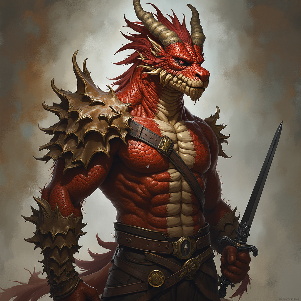 Dungeons and dragons character concept portrait. Male Bard, Dragonborn race, The dragonborn is a tall and muscular humanoid, covered in fine, leather scales with larger scales on their forearms, legs, shoulders, and thighs. They have clawed hands and feet with three fingers and a thumb. Their face has a blunt snout, strong brow, and frills near the cheeks and ears. A crest of horn-like scales runs down the back of their head, resembling thick, ropy hair. Their eyes are red or gold full body portrait. early adult age. formerly a circus performer and now a bard. love of music, magic and skilled with single handed sword. proficient in acrobatics, alchemy, and one-handed blades. descended from a dark red dragon , , intricate, elegant, highly detailed, digital painting, artstation, concept art, smooth, sharp focus, illustration, art by stable diffusion ai's favorite artists