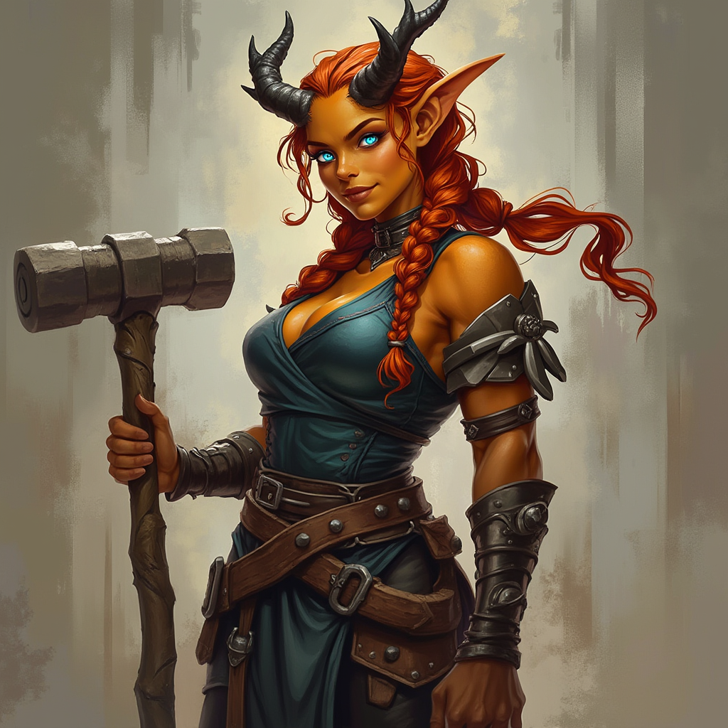 Dungeons and dragons character concept portrait. Female Paladin, Tiefling race, The tiefling is a tall and striking figure with a lean and muscular build. Sharp horns that grow amidst the hairline. Tieflings have glowing eyes which give them an otherworldly appearance. Tieflings favor bold clothing incorporating dark colors and intricate patterns Tiefling female, blacksmith, orange-gold skin,  fire red wavy hair tied up in messy braids, bright blue-white fiery eyes, multi-tipped antler-like natural horns grow from her head, carries a large hammer, muscular and stocky, wearing blacksmith's attire, friendly smile, , , intricate, elegant, highly detailed, digital painting, artstation, concept art, smooth, sharp focus, illustration, art by stable diffusion ai's favorite artists