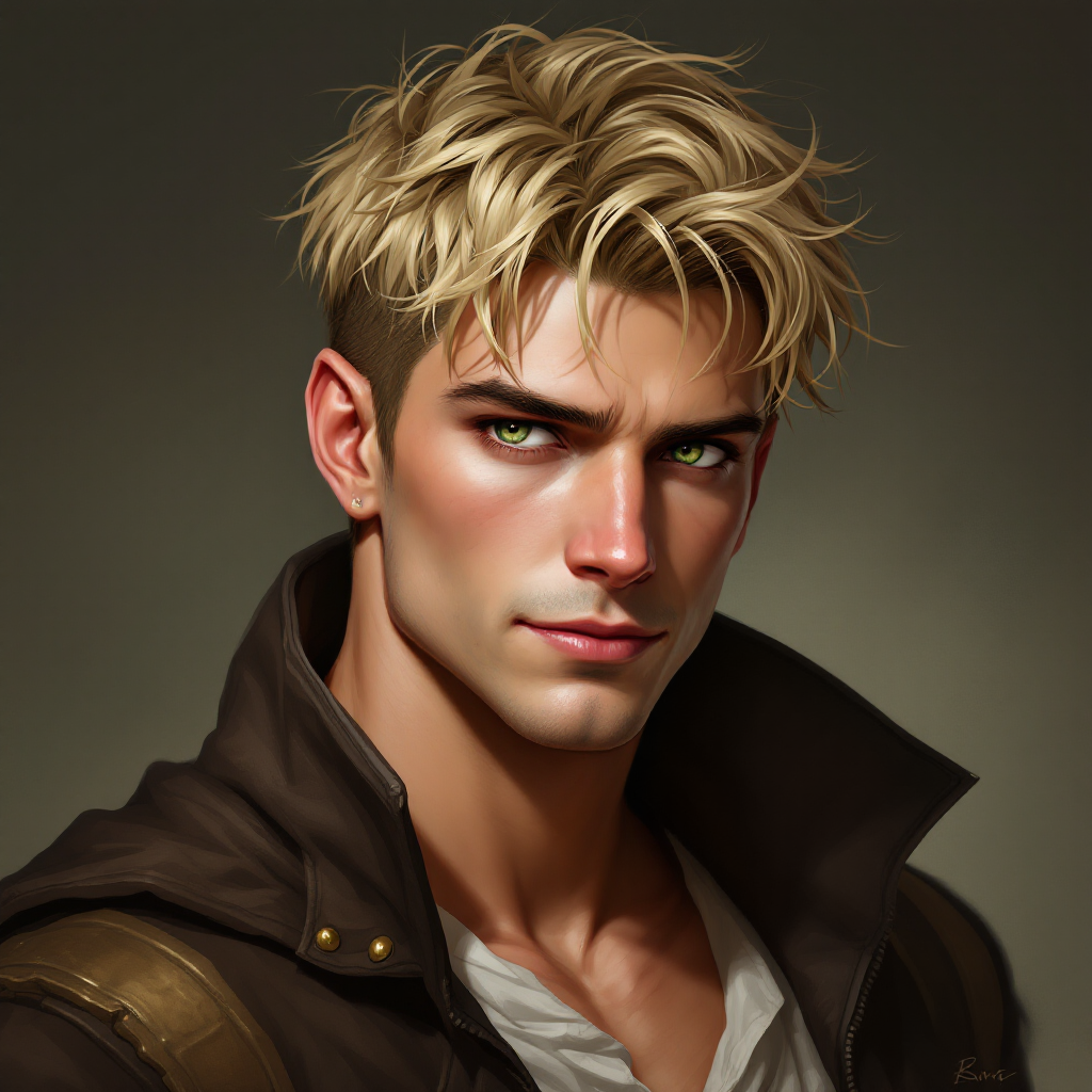 Dungeons and dragons character concept portrait. Male Rogue, Human race, Normal human anatomy and human face, non-fantasy features. Humans have strong jawline and rounded face features, with rounded eyes 21 years old. Hair is messy cropped blonde. Green eyes bright. Smirking. , , intricate, elegant, highly detailed, digital painting, artstation, concept art, smooth, sharp focus, illustration, art by stable diffusion ai's favorite artists