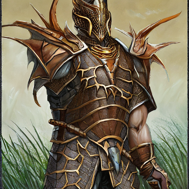 Brown scale, dragonborn race, dragon-skin, dragon-face, dragon-nose, dragon-ears, dragon-humanoid, a human with a dragon-head, upper body, d & d, fantasy, bronze dragon born. fierce but aprochable. chain mail armor. sward sheild ,  intricate, elegant, highly detailed, digital painting, artstation, concept art, smooth, sharp focus, illustration, art by stable diffusion ai's favorite artists