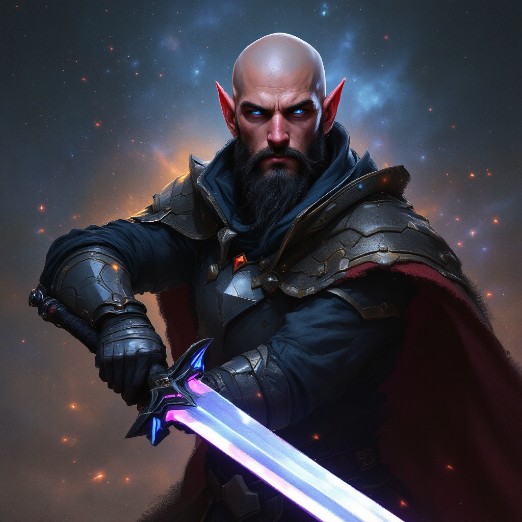 Dungeons and dragons character concept portrait. Male Paladin, Elf race, The elf is a slender, athletic figure, standing about the same height as a human. Elves have bright eyes. Elves have angular features and angular eyes. Their hair long with loose hairstyle Fully red skin color, 5 feat tall,  bald head, blue pupils, short black beard, grey armor, wielding a two handed sword, galaxy background, , dnd photography, realistic dnd portrait, high-tech character, cyberpunk dnd character, cyberpunk tech elements, cyberpunk neon accent, tech apparel, tech armor, tech weapons, tech clothing, tech lighting, sci-fi dnd character, medium shot portrait, highly detailed, dynamic shot, 4k photo