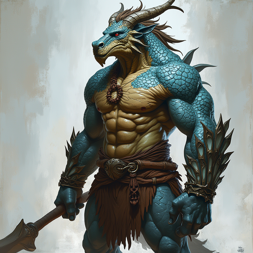 Dungeons and dragons character concept portrait. Male Barbarian, Dragonborn race, The dragonborn is a tall and muscular humanoid, covered in fine, leather scales with larger scales on their forearms, legs, shoulders, and thighs. They have clawed hands and feet with three fingers and a thumb. Their face has a blunt snout, strong brow, and frills near the cheeks and ears. A crest of horn-like scales runs down the back of their head, resembling thick, ropy hair. Their eyes are red or gold Sapphire scales with an obsidian belly with a fierce expression with bright blue eyes, , intricate, elegant, highly detailed, digital painting, artstation, concept art, smooth, sharp focus, illustration, art by stable diffusion ai's favorite artists