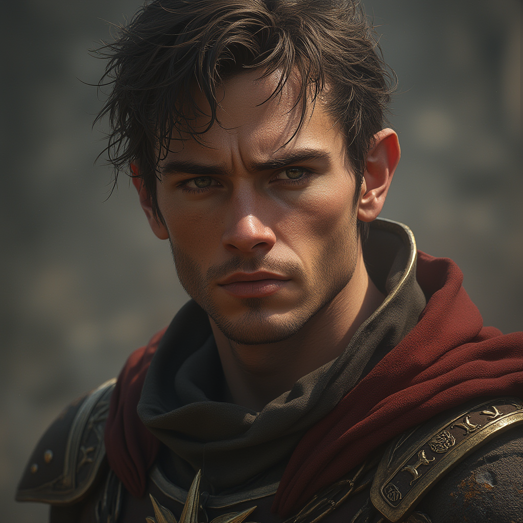 Dungeons and dragons character concept portrait. Male Fighter, Human race, Normal human anatomy and human face, non-fantasy features. Humans have strong jawline and rounded face features, with rounded eyes skinny human male city guard, , dnd photography, dnd live action, realistic dnd portrait, medium shot portrait, highly detailed, dynamic shot, 4k photo