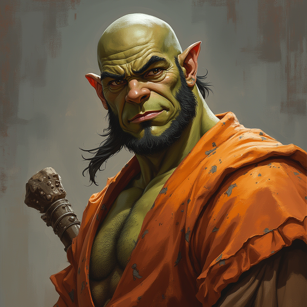 Dungeons and dragons character concept portrait. Male Monk, Half-Orc race, The half-orc is a robust figure, with a broad and muscular build. They have greenish skin, with pronounced features such as a strong jawline, large tusks protruding from their lower lip, and a prominent brow. Half-orcs have coarse, dark hair. Half-orcs wear rugged, practical clothing suited for combat or hard labor Tall masucline man, Bald, Orange clothing, brown eyes, , dnd anime character portrait, dnd anime character, highly detailed, high quality anime character