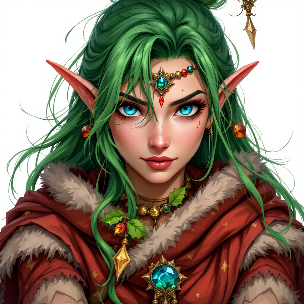 Dungeons and dragons character concept portrait. Female Druid, Dwarf race, The dwarf is a short and broad figure. Dwarves have long hair. Dwarves have rounded face features. Their clothing and gear are decorated with bold geometric designs, gems, and ancestral faces mischief making Christmas elf with green long hair and spakling blue eyes with a sword, , dnd anime character portrait, dnd anime character, highly detailed, high quality anime character