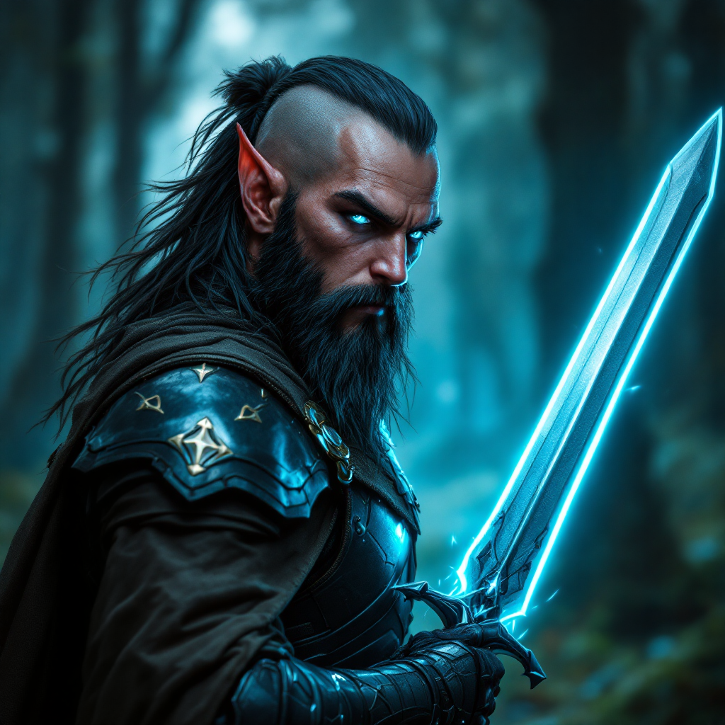 Dungeons and dragons character concept portrait. Male Paladin, Elf race, The elf is a slender, athletic figure, standing about the same height as a human. Elves have bright eyes. Elves have angular features and angular eyes. Their hair long with loose hairstyle Fully red skin color, 5 feat tall,  bald head, blue pupils, short black beard, grey armor, wielding a two handed sword, forest background, , dnd photography, realistic dnd portrait, high-tech character, cyberpunk dnd character, cyberpunk tech elements, cyberpunk neon accent, tech apparel, tech armor, tech weapons, tech clothing, tech lighting, sci-fi dnd character, medium shot portrait, highly detailed, dynamic shot, 4k photo