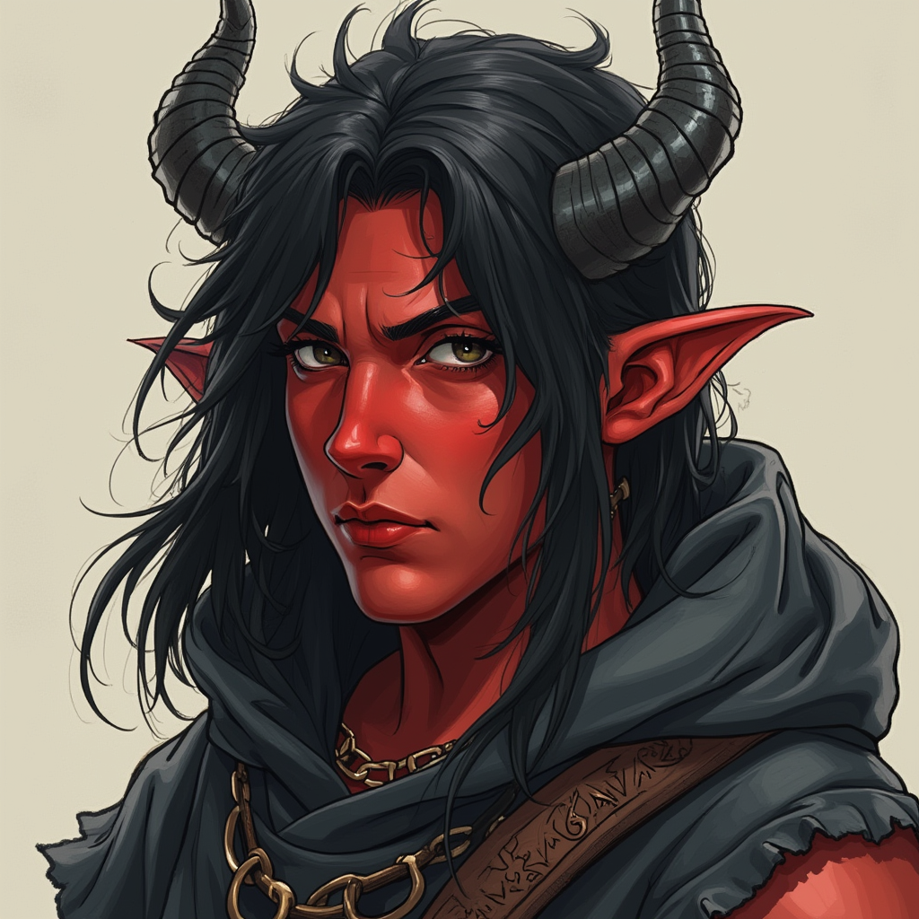 Dungeons and dragons character concept portrait. Male Barbarian, Human race, Normal human anatomy and human face, non-fantasy features. Humans have strong jawline and rounded face features, with rounded eyes girl with black hair, black eyes, wearing black hood, long crooked ears, black horns, red skin, , dnd hand drawing, dnd drawing portrait, dnd character drawing, highly detailed hand drawing, high quality character drawing, colored drawing, colorful drawing, light background, solid background