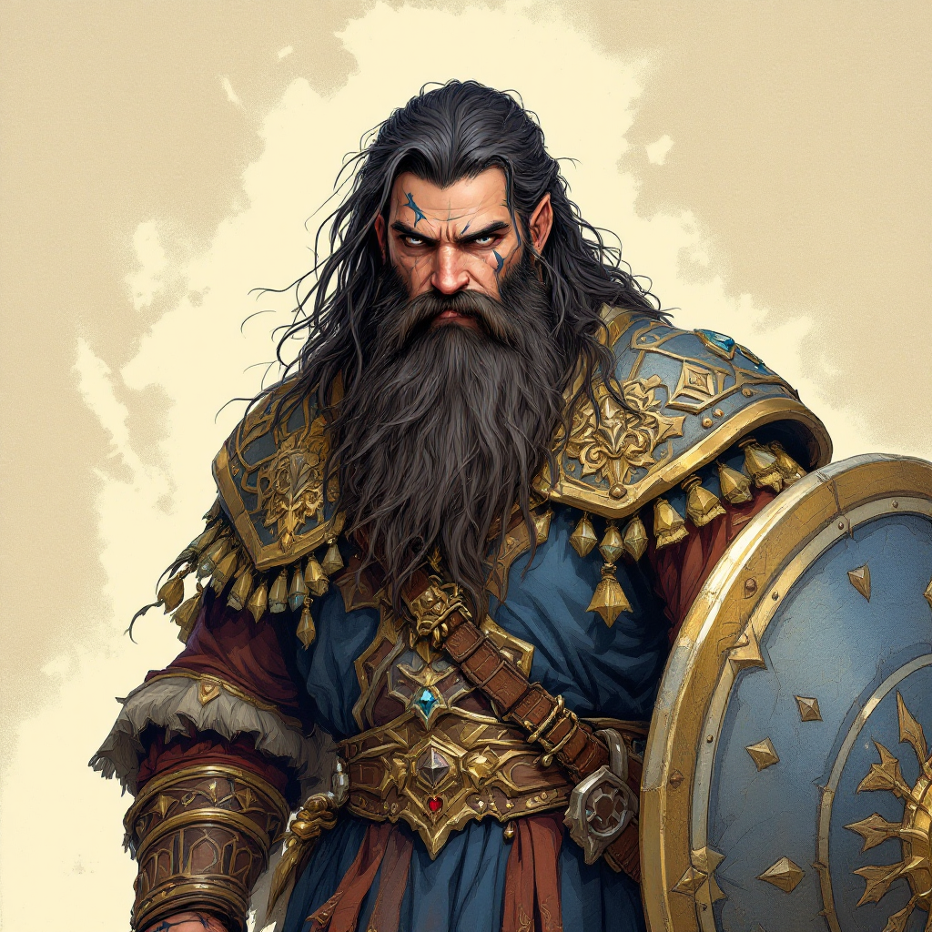 Dungeons and dragons character concept portrait. Male Cleric, Dwarf race, The dwarf is a short and broad figure. Dwarves have long hair. Dwarves have rounded face features. Their clothing and gear are decorated with bold geometric designs, gems, and ancestral faces Very stout with long dark beard. Swings an axe. Wields a shield , with long beard, with long hair, with long beard, with tattoos on the face, , old school dnd portrait, old school dnd character, traditional dnd character art, dungeons and dragons traditional art, 2d character drawing, colored drawing, colorful drawing