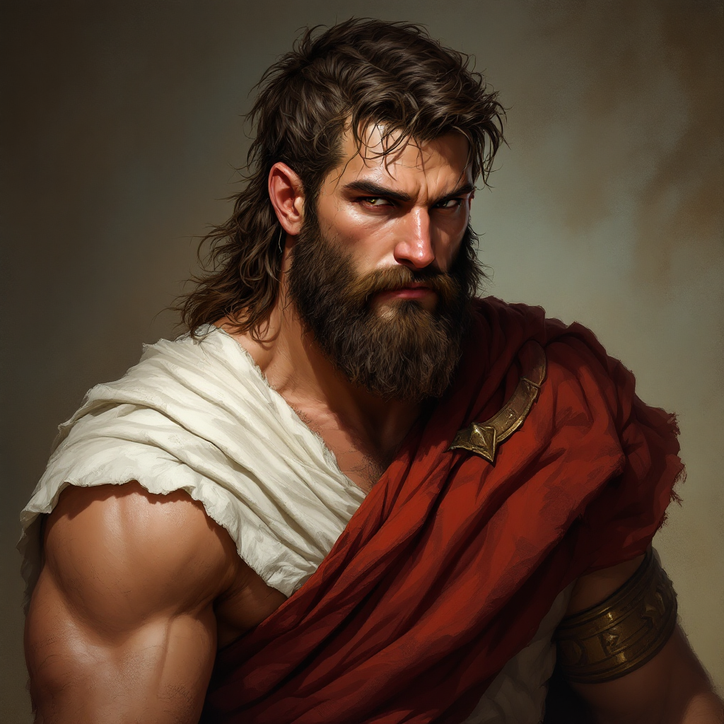 Dungeons and dragons character concept portrait. Male Barbarian, Human race, Normal human anatomy and human face, non-fantasy features. Humans have strong jawline and rounded face features, with rounded eyes Caracter wearing a Roman toga, , intricate, elegant, highly detailed, digital painting, artstation, concept art, smooth, sharp focus, illustration, art by stable diffusion ai's favorite artists