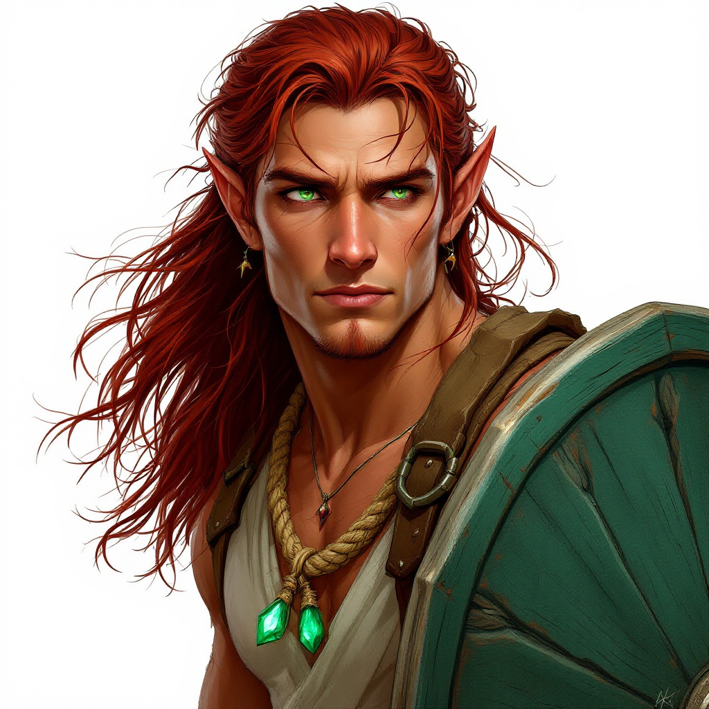 Dungeons and dragons character concept portrait. Male Druid, Elf race, The elf is a slender, athletic figure, standing about the same height as a human. Elves have bright eyes. Elves have angular features and angular eyes. Their hair long with loose hairstyle Age appears 20 years old. Circle of spores Druid, dark brown skin and green eyes. Clean shaven. Half-up half-down hairstyle, top section gathered loosely at the crown, rest of hair falling in loose waves past the shoulders, dark crimson color. Wears an old emerald amulet on a rope necklace. Has a dark green wooden shield on his back. , , dnd hand drawing, dnd drawing portrait, dnd character drawing, highly detailed hand drawing, high quality character drawing, colored drawing, colorful drawing, light background, solid background