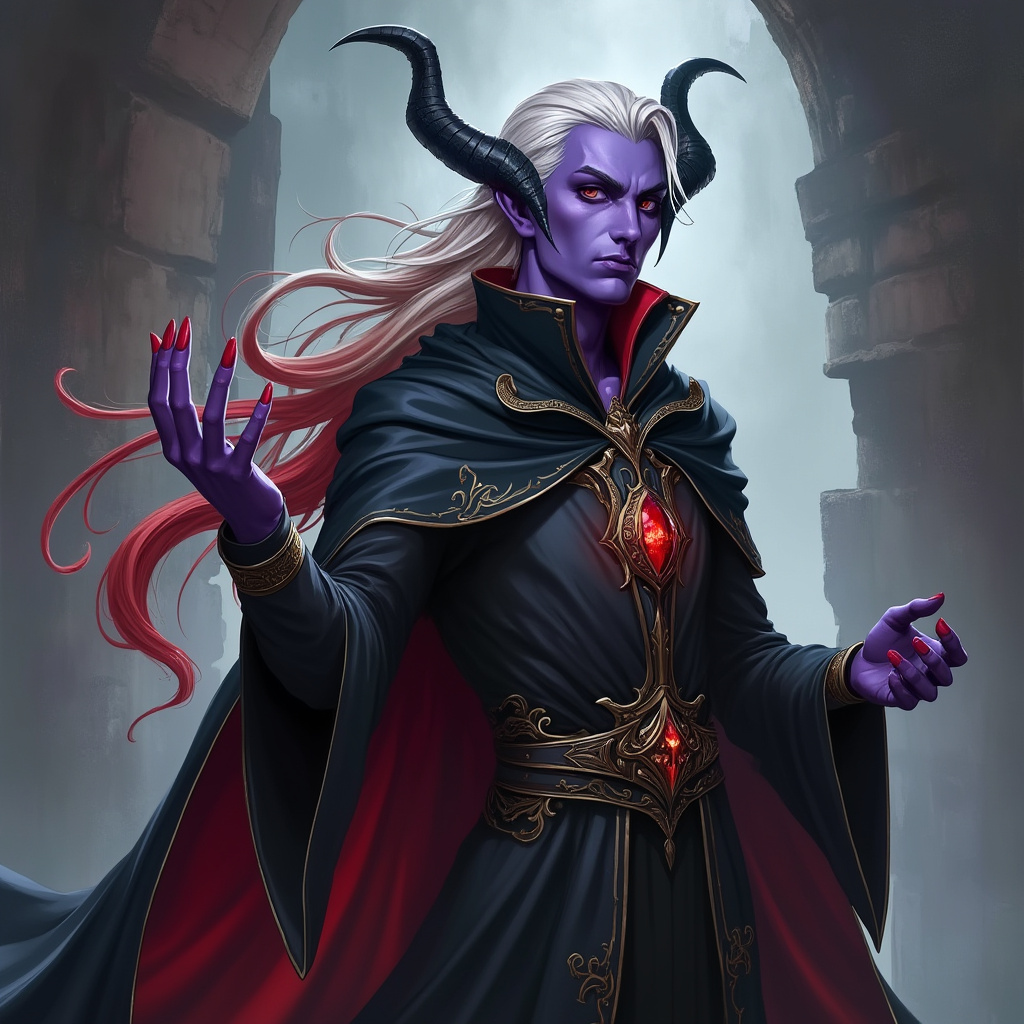 Dungeons and dragons character concept portrait. Male Sorcerer, Drow race, The drow, or dark elf, is a slender figure, with dark gray to nearly black skin. Their hair is stark white or pale silver, contrasting sharply with their skin. Drow have sharp, angular features, and vibrant eyes and angular eyes. They wear dark, elegant clothing with intricate details reflecting their underground and mysterious origins male drow, red dragon sorcerer, robe, purple skin, red hair, with dragon horn, , intricate, elegant, highly detailed, digital painting, artstation, concept art, smooth, sharp focus, illustration, art by stable diffusion ai's favorite artists