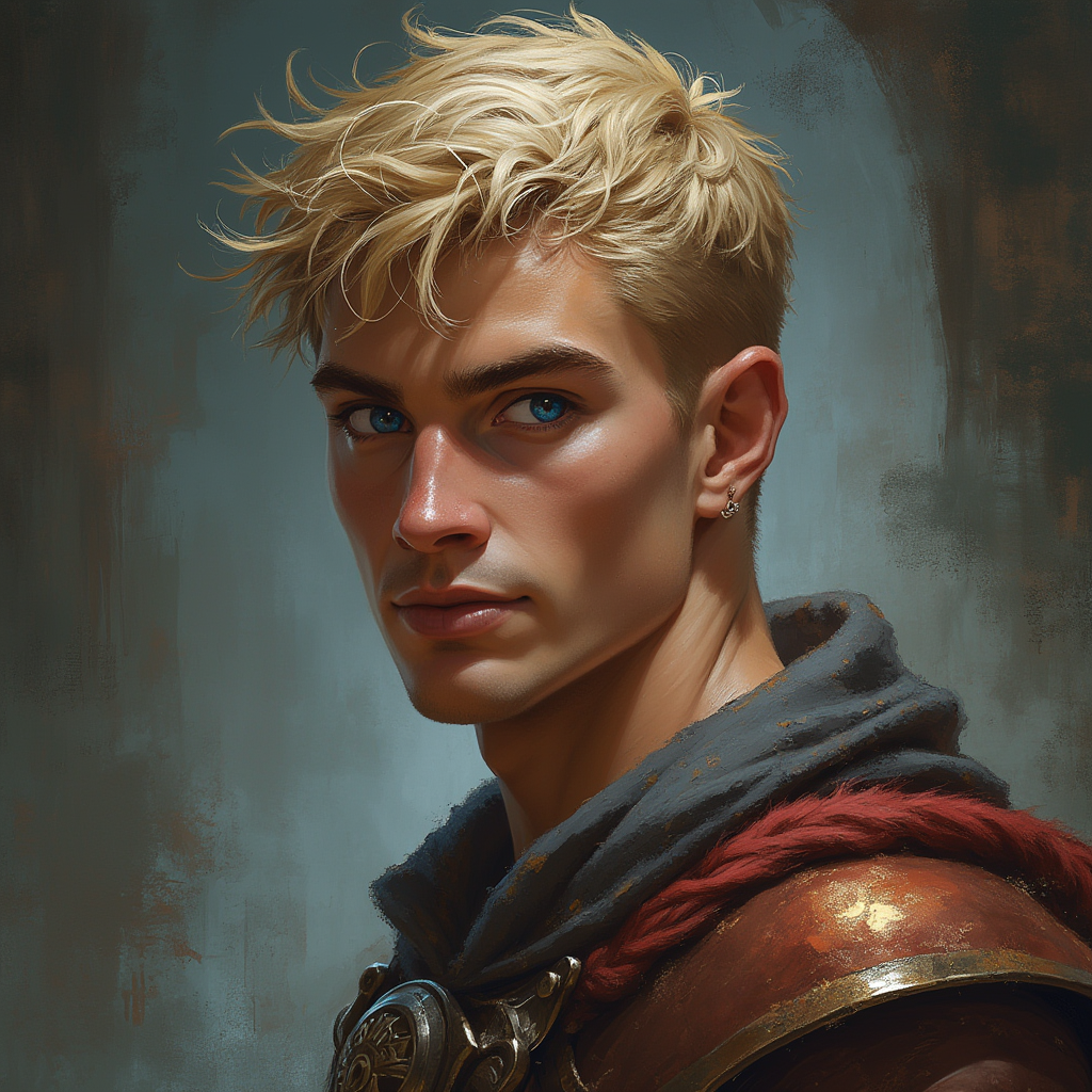 Dungeons and dragons character concept portrait. Male Fighter, Human race, Normal human anatomy and human face, non-fantasy features. Humans have strong jawline and rounded face features, with rounded eyes short blonde hair young muscley broad thick neck blue eyes no facial hair well built tank kind face hansome smilingg, , dnd photography, dnd live action, realistic dnd portrait, medium shot portrait, highly detailed, dynamic shot, 4k photo