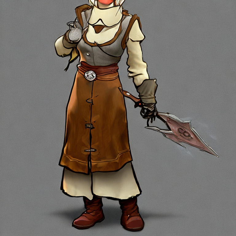 Dungeons and dragons character concept portrait. Female Halflin race, Good tendencies, Farmer profession, work clothes, farmer clothes, beige clothes, Working Class social class,  A silver-haired halfling with a perpetual twinkle in her eye and a knack for convincing even the most skeptical buyer. She’s surrounded by vibrant fabrics and accessories, her nimble hands constantly working on embroidery.,  front-facing portrait, medium shot, intricate, elegant, highly detailed, digital painting, artstation, concept art, smooth, sharp focus, illustration, art by stable diffusion ai's favorite artists