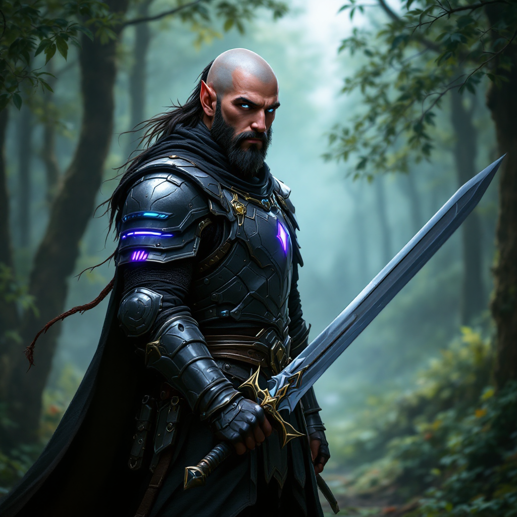 Dungeons and dragons character concept portrait. Male Paladin, Elf race, The elf is a slender, athletic figure, standing about the same height as a human. Elves have bright eyes. Elves have angular features and angular eyes. Their hair long with loose hairstyle 5 feat, with red skin, bald head, blue eyes, short black beard, grey heavy armor, wielding a two handed sword, standing in a forest, , dnd photography, realistic dnd portrait, high-tech character, cyberpunk dnd character, cyberpunk tech elements, cyberpunk neon accent, tech apparel, tech armor, tech weapons, tech clothing, tech lighting, sci-fi dnd character, medium shot portrait, highly detailed, dynamic shot, 4k photo