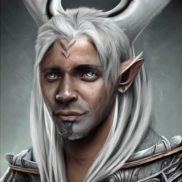 Character concept portrait. Male, Elf race, Gray hair color,  wearing Armor,, with short hair, with scale tattoos on the face, with horns,  intricate, highly detailed, digital painting, artstation, concept art, smooth, sharp focus, illustration, art by stable diffusion ai's favorite artists, deviantart