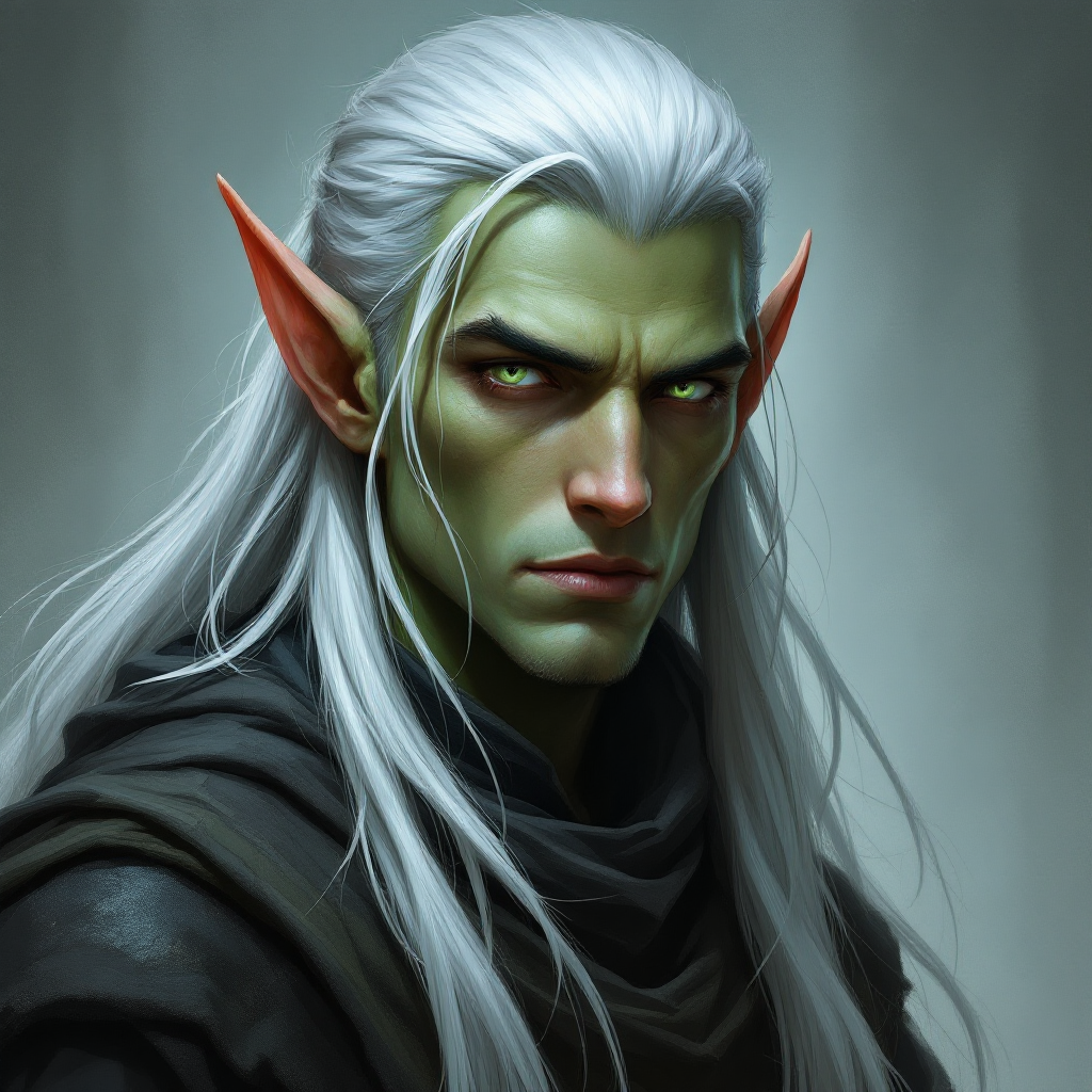 Dungeons and dragons character concept portrait. Male Monk, Elf race, The elf is a slender, athletic figure, standing about the same height as a human. Elves have bright eyes. Elves have angular features and angular eyes. Their hair long with loose hairstyle Long, silver hair, green eyes, blue skin, male, elf, with green skin, , intricate, elegant, highly detailed, digital painting, artstation, concept art, smooth, sharp focus, illustration, art by stable diffusion ai's favorite artists