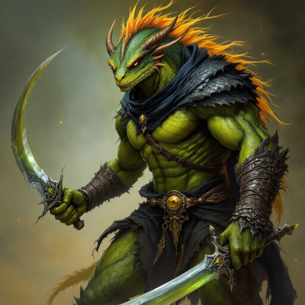 Dungeons and dragons character concept portrait. Male Fighter, Dragonborn race, The dragonborn is a tall and muscular humanoid, covered in fine, leather scales with larger scales on their forearms, legs, shoulders, and thighs. They have clawed hands and feet with three fingers and a thumb. Their face has a blunt snout, strong brow, and frills near the cheeks and ears. A crest of horn-like scales runs down the back of their head, resembling thick, ropy hair. Their eyes are red or gold He has the appearance of a green chameleon Lizard-folk. He wears the Cloak of Arachnida: A fine garment made of black silk interwoven with faint silvery threads, and under the cloak he wears common clothes . He is wielding A Sun Blade: a sword with a silver hilt and a blade of pure golden-white radiance that is thin as a wire. He has green eyes and a 1 single horn centered on his forehead., with green skin, , tech dnd character portrait, dnd tech character, highly detailed, high quality tech character, with technology elements, sci-fi dnd character