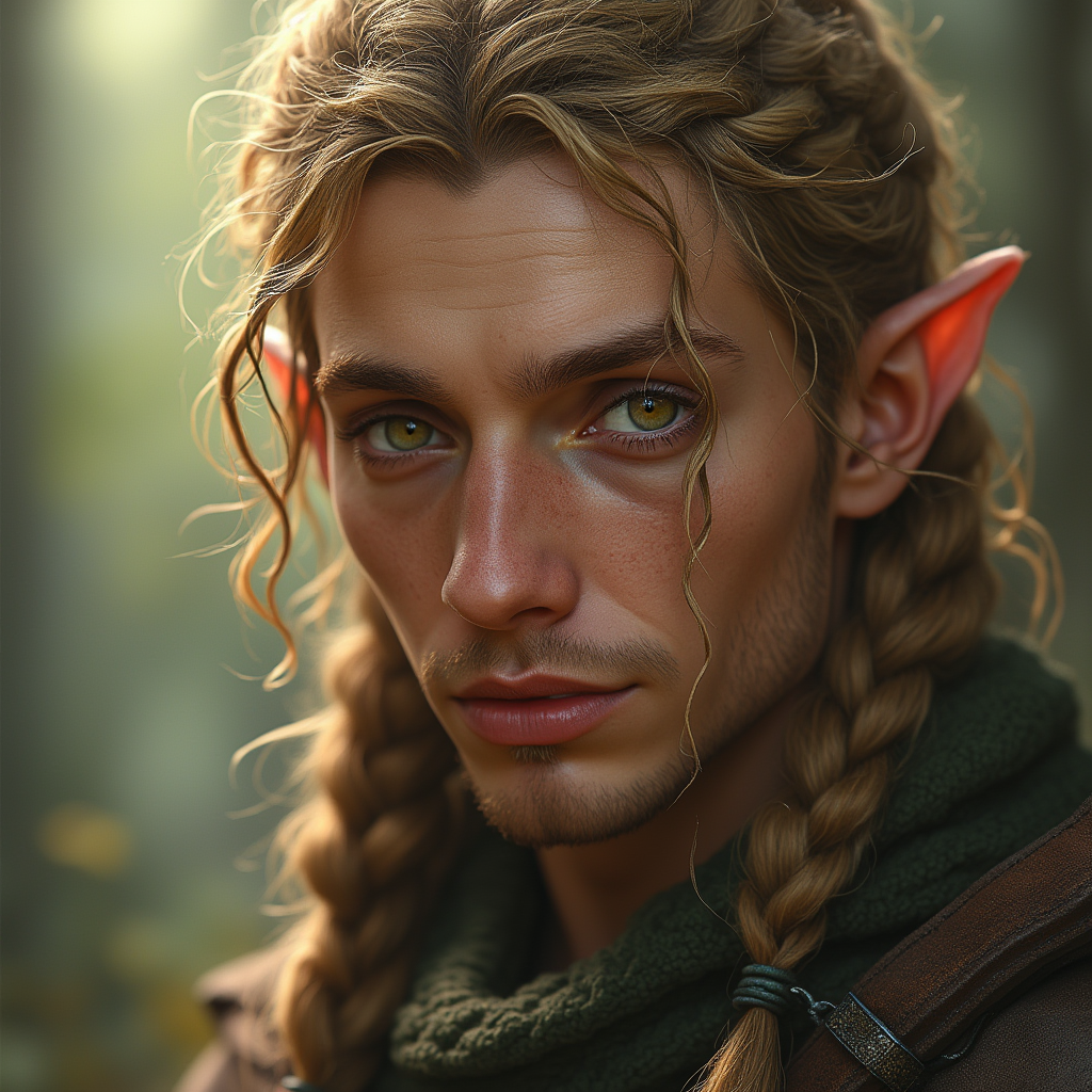 Dungeons and dragons character concept portrait. Male Ranger, Human race, Normal human anatomy and human face, non-fantasy features. Humans have strong jawline and rounded face features, with rounded eyes Ceridwen, 35, a non-binary middle-aged human ranger with warm green-brown hazel eyes and golden hair worn in complex braids. androgynous features that look masculine. Happy and charismatic. photo-realistic. ugly., , dnd photography, dnd live action, realistic dnd portrait, medium shot portrait, highly detailed, dynamic shot, 4k photo