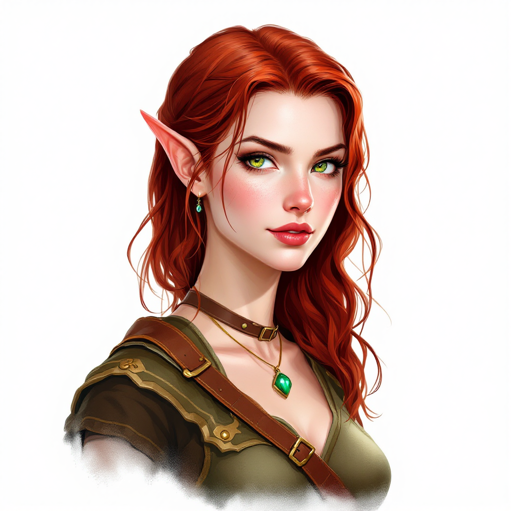Dungeons and dragons character concept portrait. Female Ranger, Half-Elf race, The half-elf is a tall, slender figure. They have a graceful appearance with high cheekbones. Their eyes are typically vibrant and round like human eyes 23 years old. Eyes are bright green with flecks of gold. Skin is pale, silver-white. Hair is dark red, wavy and shiny. Leather ranger armor. Wears a small green amulet necklace., , dnd hand drawing, dnd drawing portrait, dnd character drawing, highly detailed hand drawing, high quality character drawing, colored drawing, colorful drawing, light background, solid background