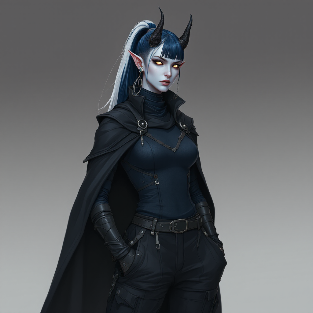 Dungeons and dragons character concept portrait. Female Sorcerer, Tiefling race, The tiefling is a tall and striking figure with a lean and muscular build. Sharp horns that grow amidst the hairline. Tieflings have glowing eyes which give them an otherworldly appearance. Tieflings favor bold clothing incorporating dark colors and intricate patterns Skin color pale blue tint. Her Clothing is fitted straight black cargo pants, black combat boots and a turtleneck tank top with a shadowy cloak. Hair is two-toned navy with white, in a long ponytail with straight-cut bangs across the forehead. Ears have many earrings that are spikes. She has a simple black septum piercing. Eyes are pale, glowing gray-blue. Facial expression is bored.  She has a soft rectangle face shape. Her horns are black and shaped like ram horns. She is standing with hands in her pockets, , tech dnd character portrait, dnd tech character, highly detailed, high quality tech character, with technology elements, sci-fi dnd character