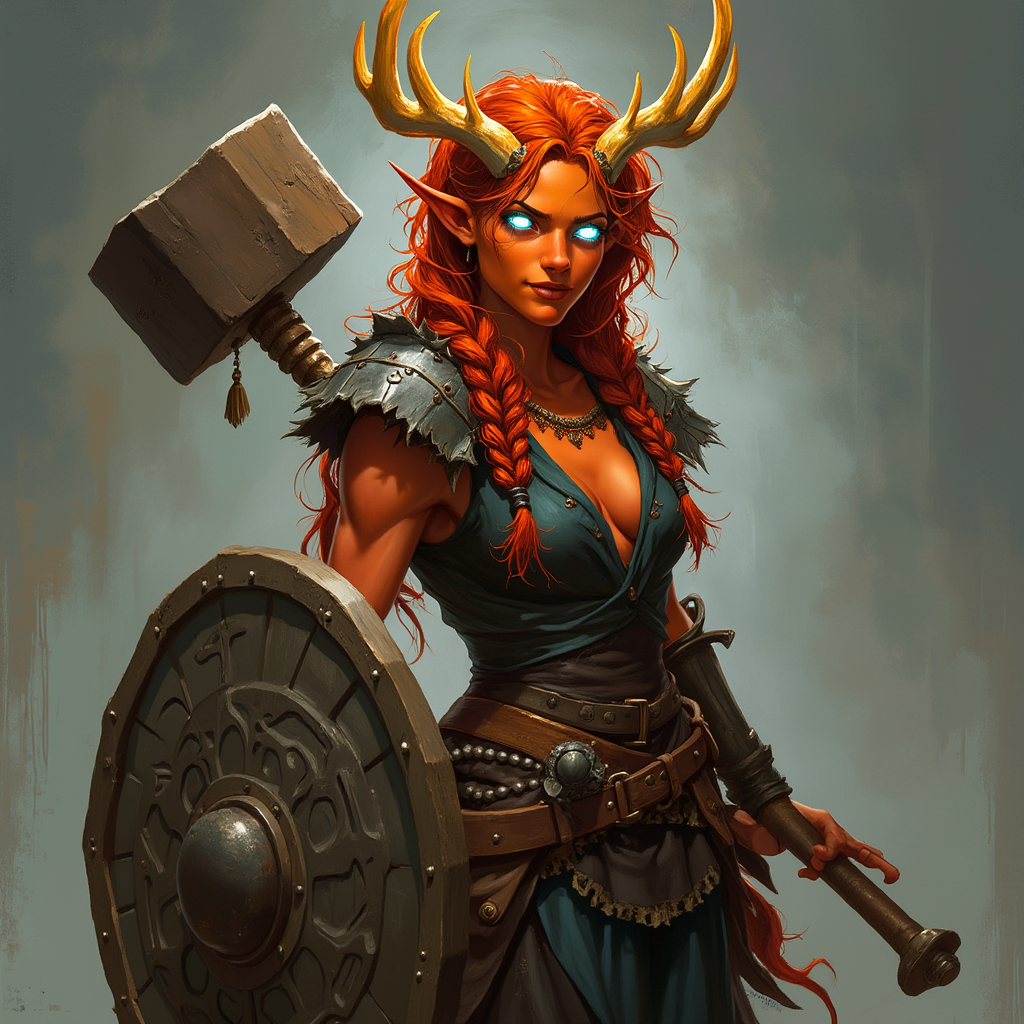 Dungeons and dragons character concept portrait. Female Paladin, Tiefling race, The tiefling is a tall and striking figure with a lean and muscular build. Sharp horns that grow amidst the hairline. Tieflings have glowing eyes which give them an otherworldly appearance. Tieflings favor bold clothing incorporating dark colors and intricate patterns Tiefling female, muscular and stocky, orange-gold skin, bright flamelike blue-white eyes, wavy fire-engine red hair in messy braids, gold-white twelve point antler-like horns, UNARMORED, simple rugged clothing, a large hammer on her back, friendly smile, carved wooden shield, , intricate, elegant, highly detailed, digital painting, artstation, concept art, smooth, sharp focus, illustration, art by stable diffusion ai's favorite artists