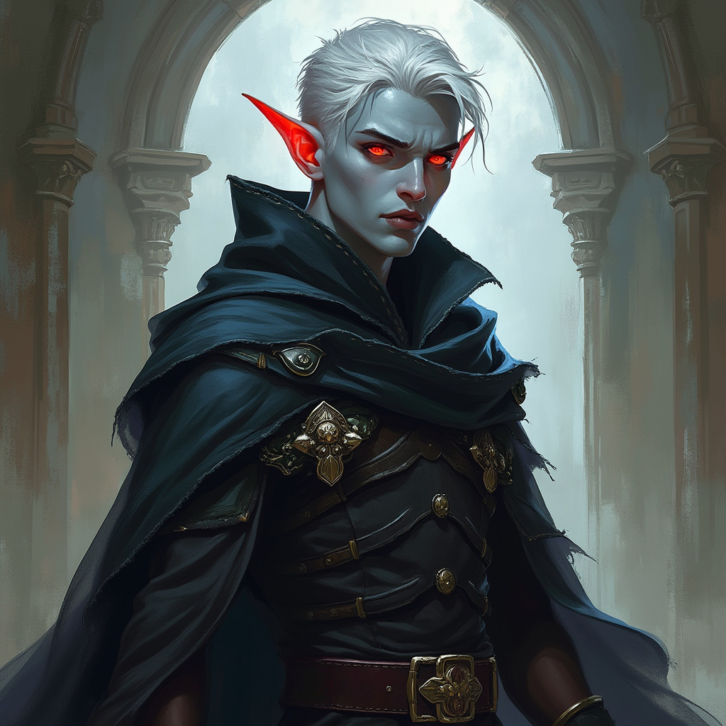 Dungeons and dragons character concept portrait. Male Sorcerer, Drow race, The drow, or dark elf, is a slender figure, with dark gray to nearly black skin. Their hair is stark white or pale silver, contrasting sharply with their skin. Drow have sharp, angular features, and vibrant eyes and angular eyes. They wear dark, elegant clothing with intricate details reflecting their underground and mysterious origins with robe, red short hair, with red eyes,, , intricate, elegant, highly detailed, digital painting, artstation, concept art, smooth, sharp focus, illustration, art by stable diffusion ai's favorite artists