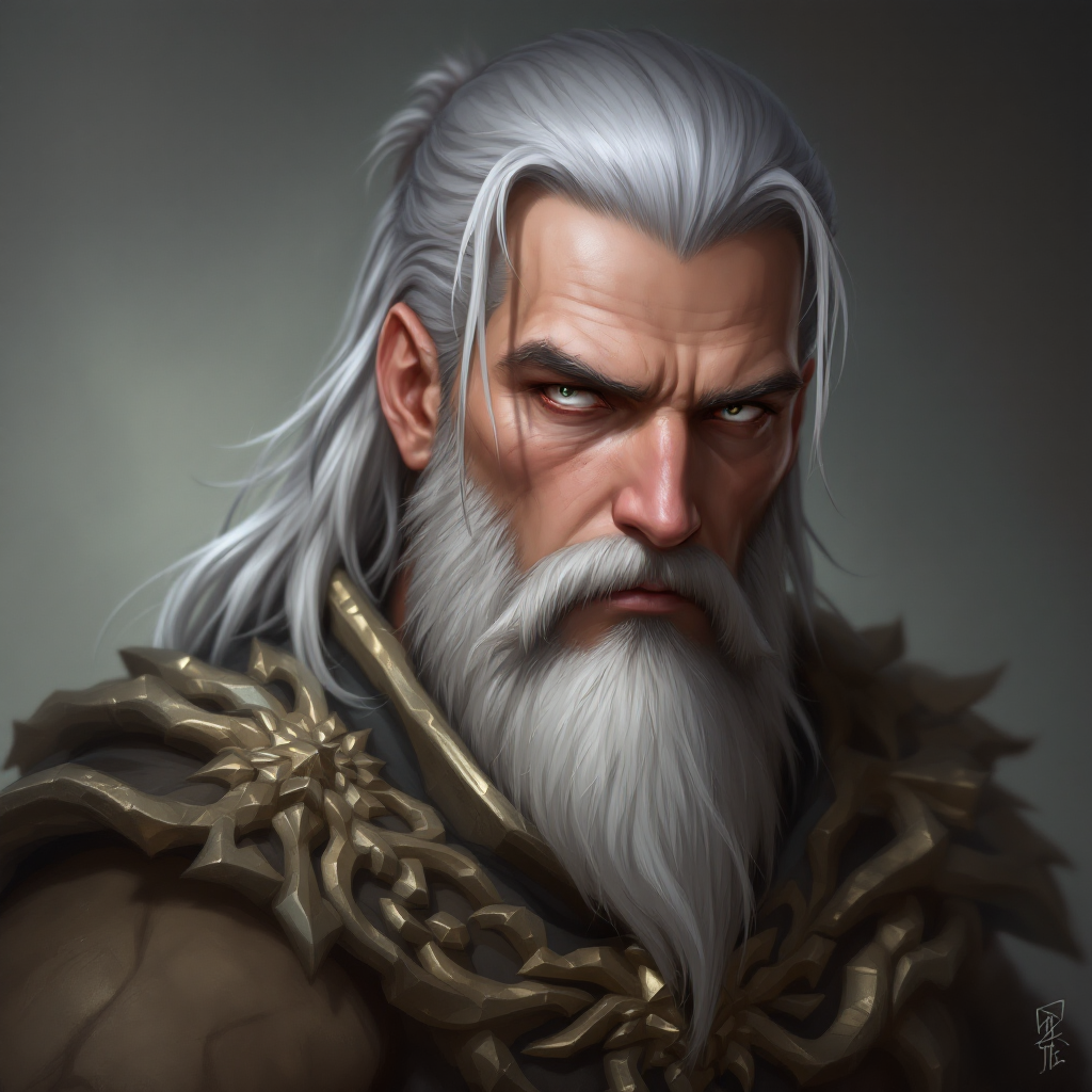 Dungeons and dragons character concept portrait. Male Fighter, Human race, Normal human anatomy and human face, non-fantasy features. Humans have strong jawline and rounded face features, with rounded eyes with long beard, with long hair, with silver hair, with ivory skin, with silver eyes, , intricate, elegant, highly detailed, digital painting, artstation, concept art, smooth, sharp focus, illustration, art by stable diffusion ai's favorite artists