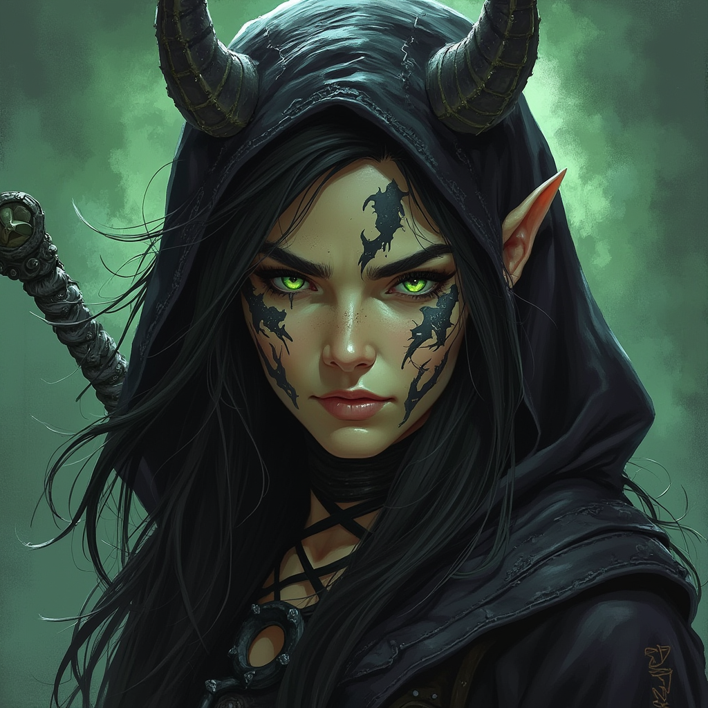 Dungeons and dragons character concept portrait. Female Rogue, Tiefling race, The tiefling is a tall and striking figure with a lean and muscular build. Sharp horns that grow amidst the hairline. Tieflings have glowing eyes which give them an otherworldly appearance. Tieflings favor bold clothing incorporating dark colors and intricate patterns black hair, green eyes, dark clothing with hood, with long hair, with tattoos on the face, , intricate, elegant, highly detailed, digital painting, artstation, concept art, smooth, sharp focus, illustration, art by stable diffusion ai's favorite artists