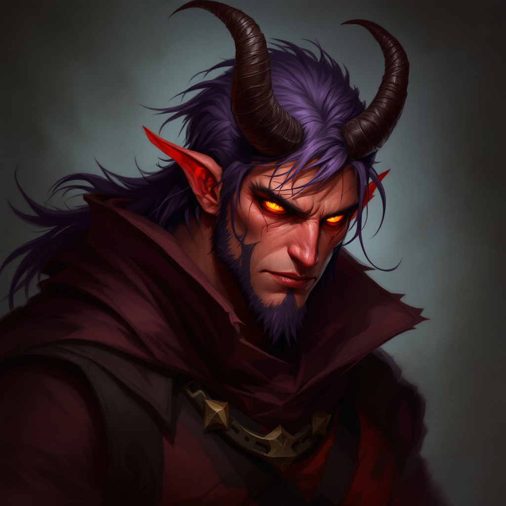 Dungeons and dragons character concept portrait. Male Rogue, Tiefling race, The tiefling is a tall and striking figure with a lean and muscular build. Sharp horns that grow amidst the hairline. Tieflings have glowing eyes which give them an otherworldly appearance. Tieflings favor bold clothing incorporating dark colors and intricate patterns of infernal descent, red skin, gold eyes, long horns, straight nose, purple hair, , intricate, elegant, highly detailed, digital painting, artstation, concept art, smooth, sharp focus, illustration, art by stable diffusion ai's favorite artists