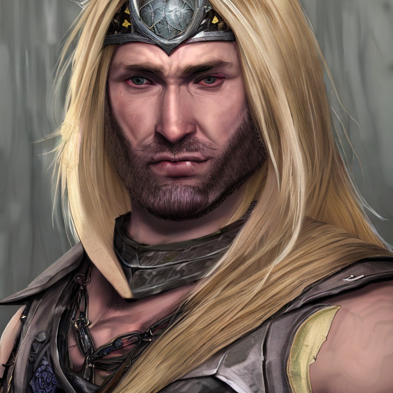GURPS character concept portrait. Male Barbarian, Human race,  with horns, wearing a hood, with long blonde hair, with religious tattoos, scar on the face, with cleric Vestments, with chain shirt, with holy symbol , with missing ring Finger,  intricate, elegant, highly detailed, digital painting, artstation, concept art, smooth, sharp focus, illustration, art by stable diffusion ai's favorite artists