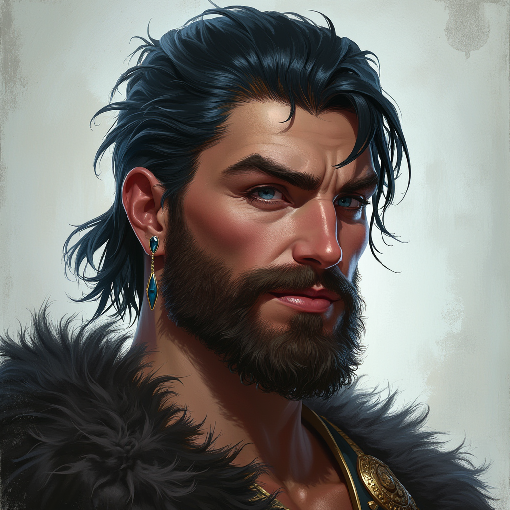 Dungeons and dragons character concept portrait. Male Barbarian, Human race, Normal human anatomy and human face, non-fantasy features. Humans have strong jawline and rounded face features, with rounded eyes gambler with short beard with sapphire color eyes with a charming smile with raven black hair, , intricate, elegant, highly detailed, digital painting, artstation, concept art, smooth, sharp focus, illustration, art by stable diffusion ai's favorite artists