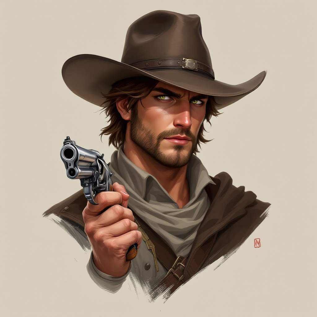 Dungeons and dragons character concept portrait. Male Ranger, Human race, Normal human anatomy and human face, non-fantasy features. Humans have strong jawline and rounded face features, with rounded eyes With brown hair, a cowboy hat, green eyes, a leathery complexion, holding a revolver in hand, , intricate, elegant, highly detailed, digital painting, artstation, concept art, smooth, sharp focus, illustration, art by stable diffusion ai's favorite artists
