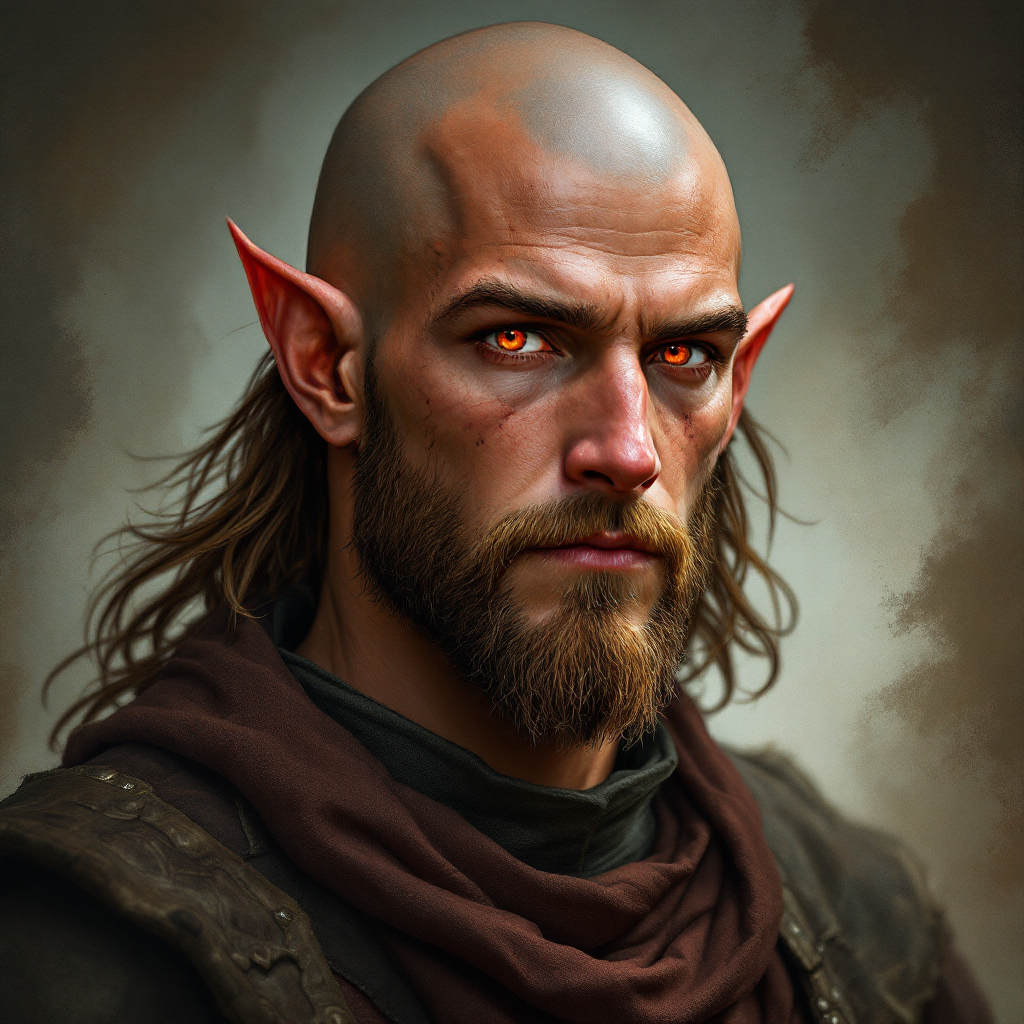Dungeons and dragons character concept portrait. Male Paladin, Elf race, The elf is a slender, athletic figure, standing about the same height as a human. Elves have bright eyes. Elves have angular features and angular eyes. Their hair long with loose hairstyle Red skin, short beard, bald, red eyes, , dnd photography, dnd live action, realistic dnd portrait, medium shot portrait, highly detailed, dynamic shot, 4k photo