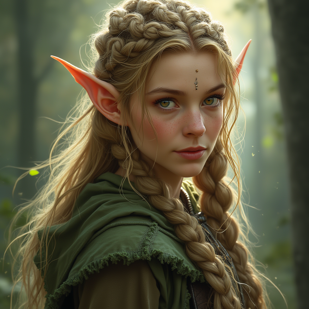Dungeons and dragons character concept portrait. Female Ranger, Elf race, The elf is a slender, athletic figure, standing about the same height as a human. Elves have bright eyes. Elves have angular features and angular eyes. Their hair long with loose hairstyle Ceridwen, 240 years old, a middle-aged elven ranger with warm green-brown hazel eyes and golden hair worn in complex braids. androgynous features that look masculine. Happy and charismatic., , dnd photography, dnd live action, realistic dnd portrait, medium shot portrait, highly detailed, dynamic shot, 4k photo