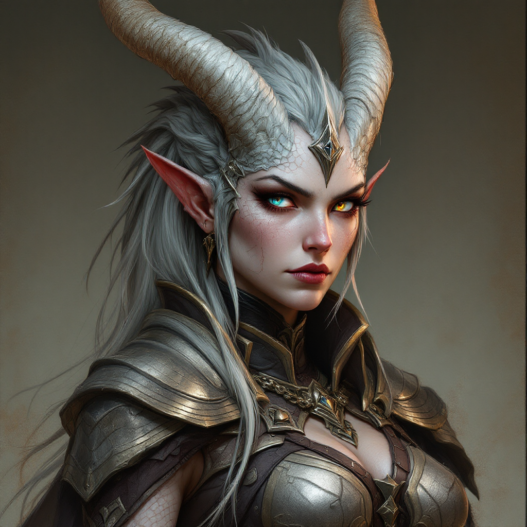 Dungeons and dragons character concept portrait. Female Paladin, Dragonborn race, The dragonborn is a tall and muscular humanoid, covered in fine, leather scales with larger scales on their forearms, legs, shoulders, and thighs. They have clawed hands and feet with three fingers and a thumb. Their face has a blunt snout, strong brow, and frills near the cheeks and ears. A crest of horn-like scales runs down the back of their head, resembling thick, ropy hair. Their eyes are red or gold With silver scales, with blue eyes, , intricate, elegant, highly detailed, digital painting, artstation, concept art, smooth, sharp focus, illustration, art by stable diffusion ai's favorite artists