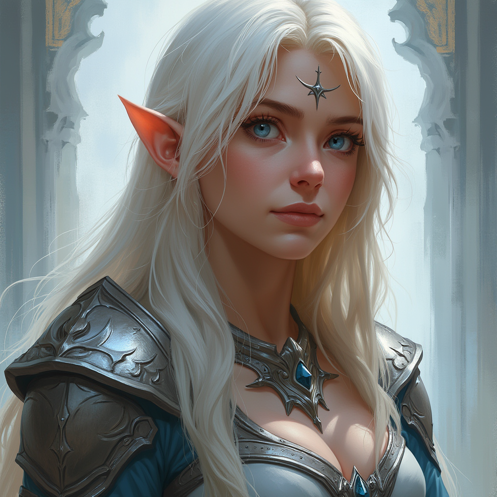Dungeons and dragons character concept portrait. Female Cleric, Human race, Normal human anatomy and human face, non-fantasy features. Humans have strong jawline and rounded face features, with rounded eyes white blonde hair, tall, large breasts, human passing, with long hair, with ice blue eyes, small ears, , intricate, elegant, highly detailed, digital painting, artstation, concept art, smooth, sharp focus, illustration, art by stable diffusion ai's favorite artists