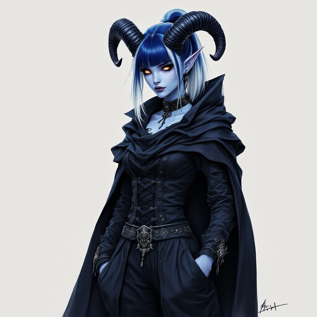 Dungeons and dragons character concept portrait. Female Sorcerer, Tiefling race, The tiefling is a tall and striking figure with a lean and muscular build. Sharp horns that grow amidst the hairline. Tieflings have glowing eyes which give them an otherworldly appearance. Tieflings favor bold clothing incorporating dark colors and intricate patterns Two-tone Navy and white Hair in a long ponytail with straight-cut bangs. Very pale blue skin. Emo/goth style clothes and a shadowy cape. Standing with hands in pockets. Black ram style horns, , dnd hand drawing, dnd drawing portrait, dnd character drawing, highly detailed hand drawing, high quality character drawing, colored drawing, colorful drawing, light background, solid background