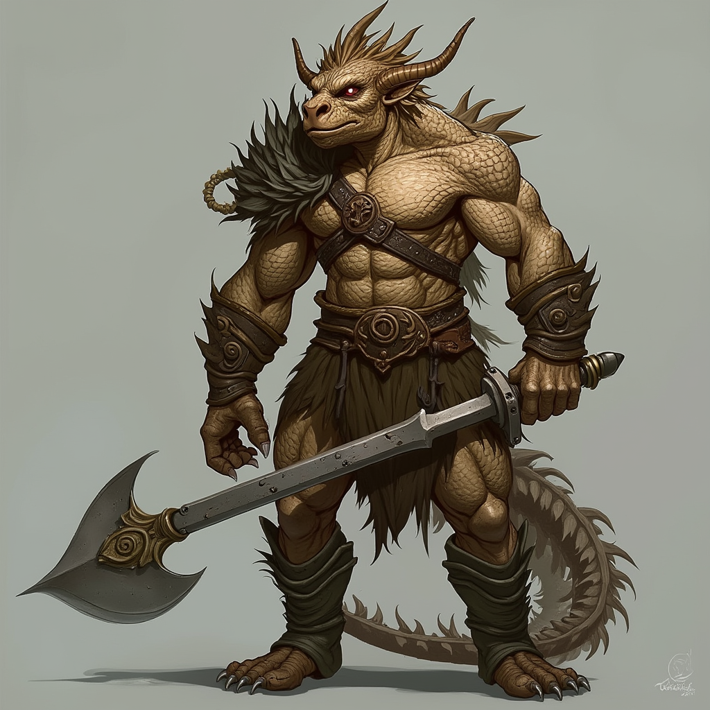 Dungeons and dragons character concept portrait. Male Barbarian, Dragonborn race, The dragonborn is a tall and muscular humanoid, covered in fine, leather scales with larger scales on their forearms, legs, shoulders, and thighs. They have clawed hands and feet with three fingers and a thumb. Their face has a blunt snout, strong brow, and frills near the cheeks and ears. A crest of horn-like scales runs down the back of their head, resembling thick, ropy hair. Their eyes are red or gold , intricate, elegant, highly detailed, digital painting, artstation, concept art, smooth, sharp focus, illustration, art by stable diffusion ai's favorite artists