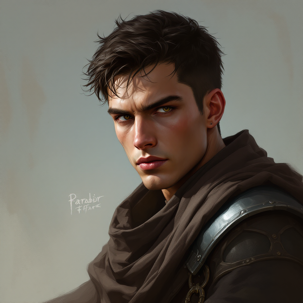 Dungeons and dragons character concept portrait. Male Fighter, Human race, Normal human anatomy and human face, non-fantasy features. Humans have strong jawline and rounded face features, with rounded eyes young austere paladin with chainmail dark short hair, , intricate, elegant, highly detailed, digital painting, artstation, concept art, smooth, sharp focus, illustration, art by stable diffusion ai's favorite artists