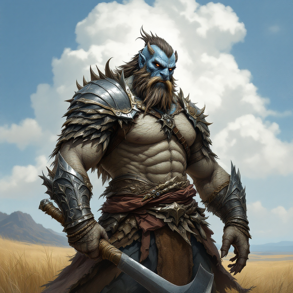 Dungeons and dragons character concept portrait. Male Barbarian, Dragonborn race, The dragonborn is a tall and muscular humanoid, covered in fine, leather scales with larger scales on their forearms, legs, shoulders, and thighs. They have clawed hands and feet with three fingers and a thumb. Their face has a blunt snout, strong brow, and frills near the cheeks and ears. A crest of horn-like scales runs down the back of their head, resembling thick, ropy hair. Their eyes are red or gold with blue skin and gold eyes holding a great axe. Setting is open grassland, no hair or beard, , intricate, elegant, highly detailed, digital painting, artstation, concept art, smooth, sharp focus, illustration, art by stable diffusion ai's favorite artists