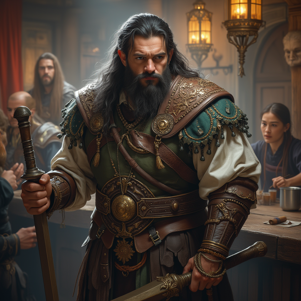 Dungeons and dragons character concept portrait. Male Fighter, Dwarf race, The dwarf is a short and broad figure. Dwarves have long hair. Dwarves have rounded face features. Their clothing and gear are decorated with bold geometric designs, gems, and ancestral faces A dark haired male elf in a tavern with a dwarf realistic, , dnd photography, dnd live action, realistic dnd portrait, medium shot portrait, highly detailed, dynamic shot, 4k photo