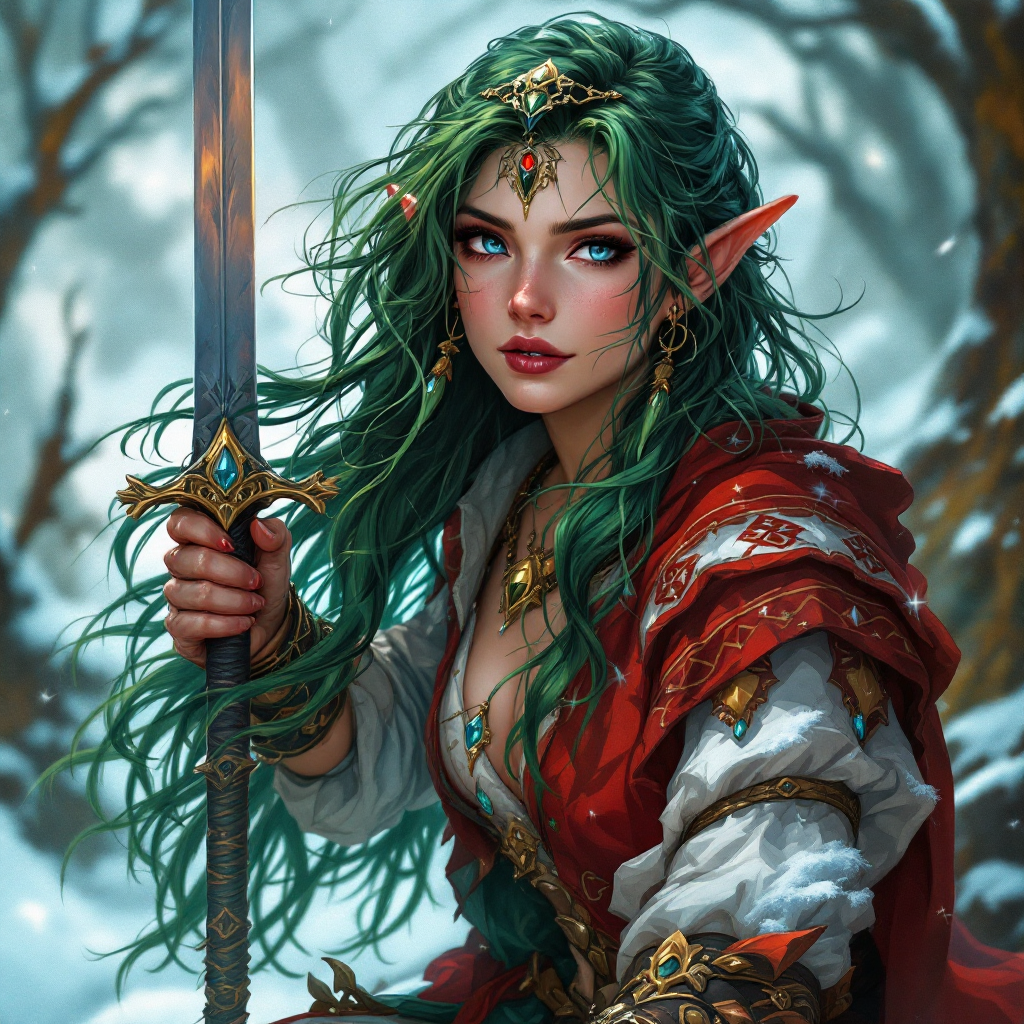 Dungeons and dragons character concept portrait. Female Druid, Dwarf race, The dwarf is a short and broad figure. Dwarves have long hair. Dwarves have rounded face features. Their clothing and gear are decorated with bold geometric designs, gems, and ancestral faces mischief making Christmas elf with green long hair and spakling blue eyes with a sword also she has a red and white dress, , dnd anime character portrait, dnd anime character, highly detailed, high quality anime character