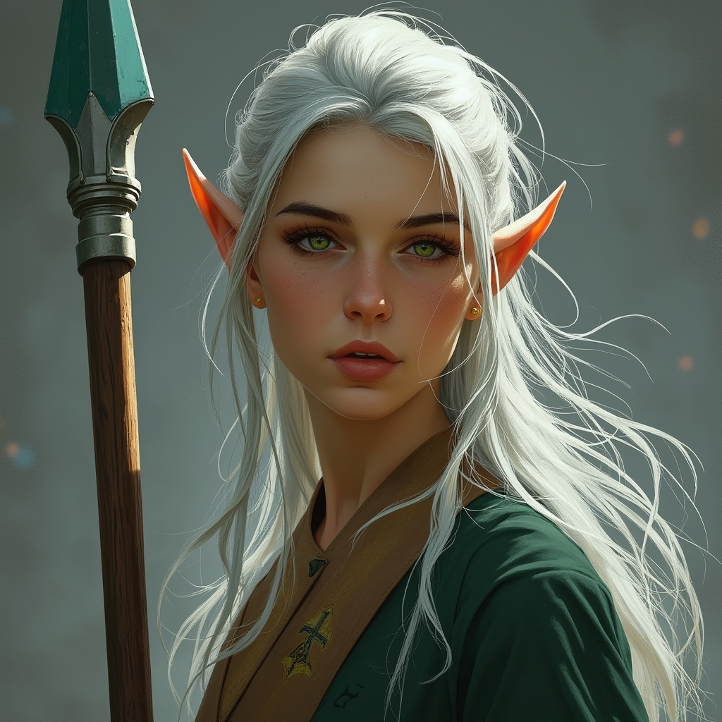 Dungeons and dragons character concept portrait. Female Monk, Elf race, The elf is a slender, athletic figure, standing about the same height as a human. Elves have bright eyes. Elves have angular features and angular eyes. Their hair long with loose hairstyle long silver hair, green eyes, tall, spear, , intricate, elegant, highly detailed, digital painting, artstation, concept art, smooth, sharp focus, illustration, art by stable diffusion ai's favorite artists